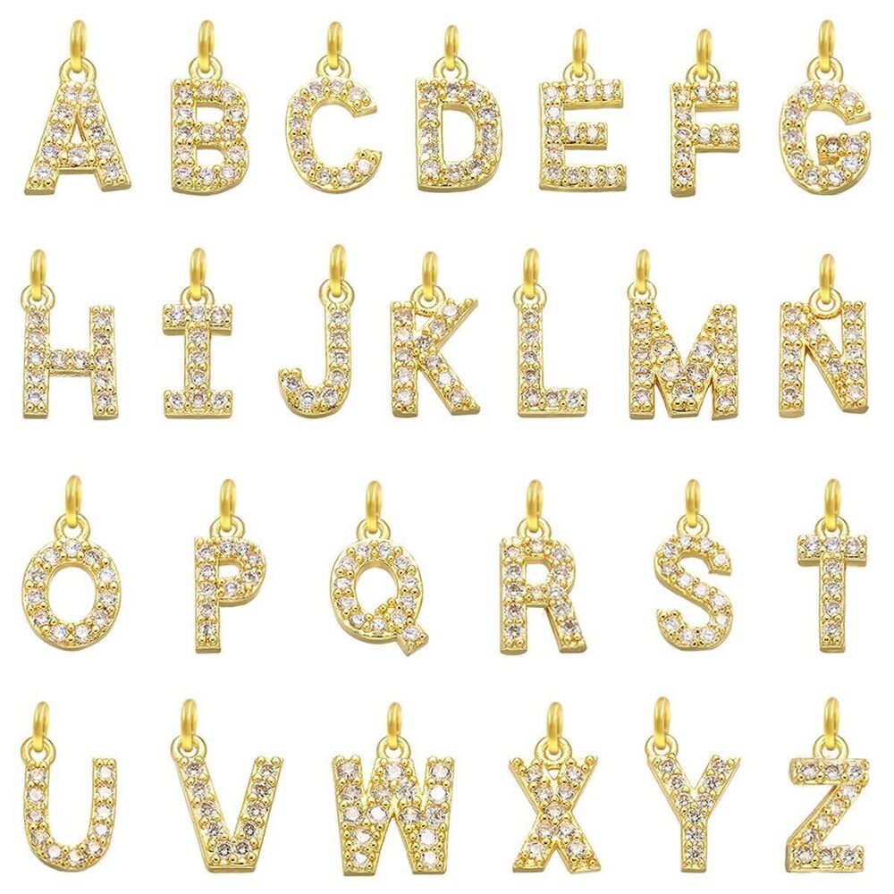 2296 26Pieces A-Z Letter Charms Cubic Zirconia Gold Plated Brass Glitter